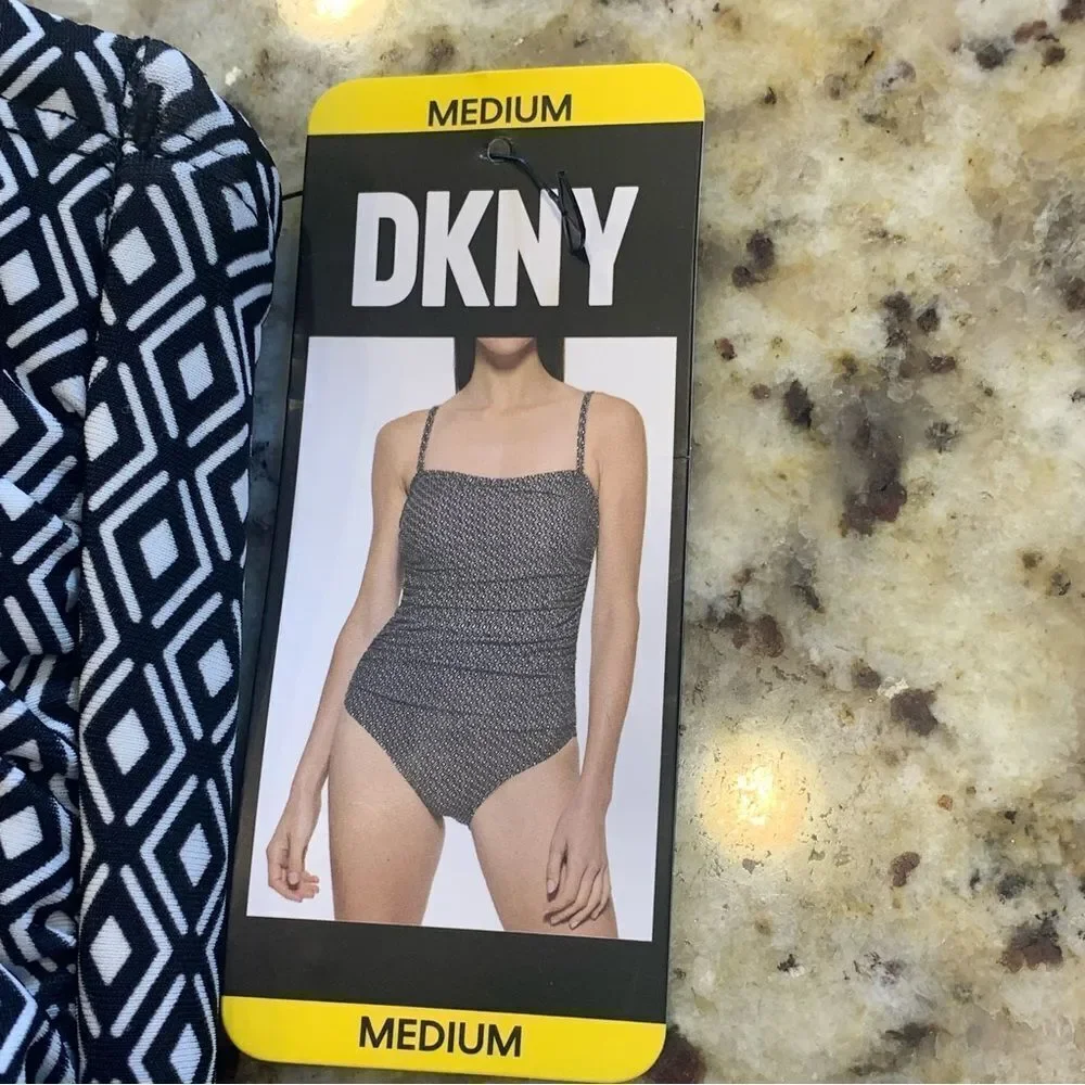 Womens DKNY One Piece Swimsuit Black/White Print Size Medium UPF Protect - Picture 6 of 11